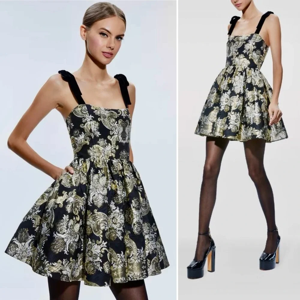 Alice + Olivia Fay Jacquard Corset Metallic Mini Dress Black Gold Silver 4 Small - Picture 12 of 14